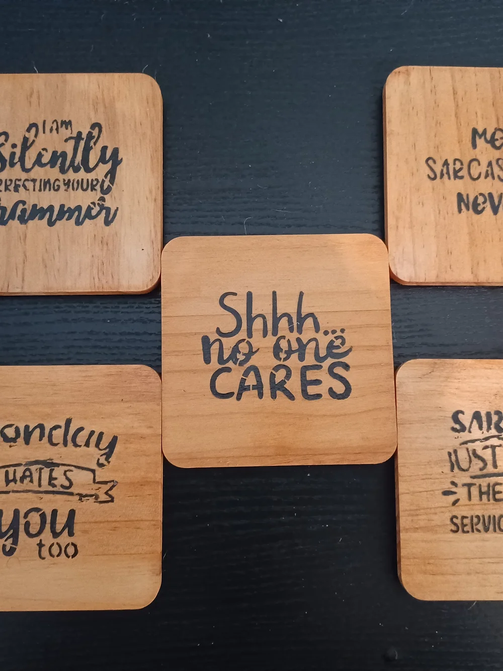 Wooden Coaster Set with Funny Quote - Natural Wood